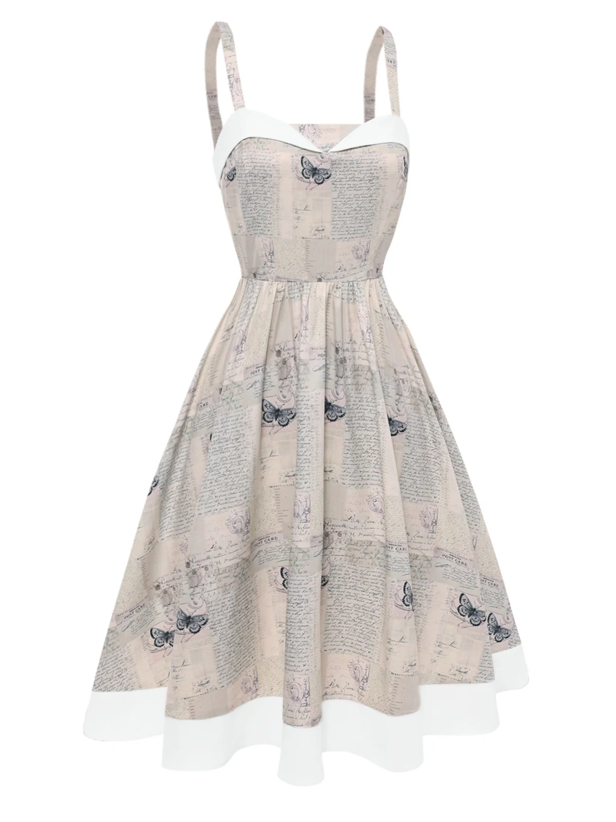Khaki 1950s Newspaper Butterfly Patchwork Dress - Image 4