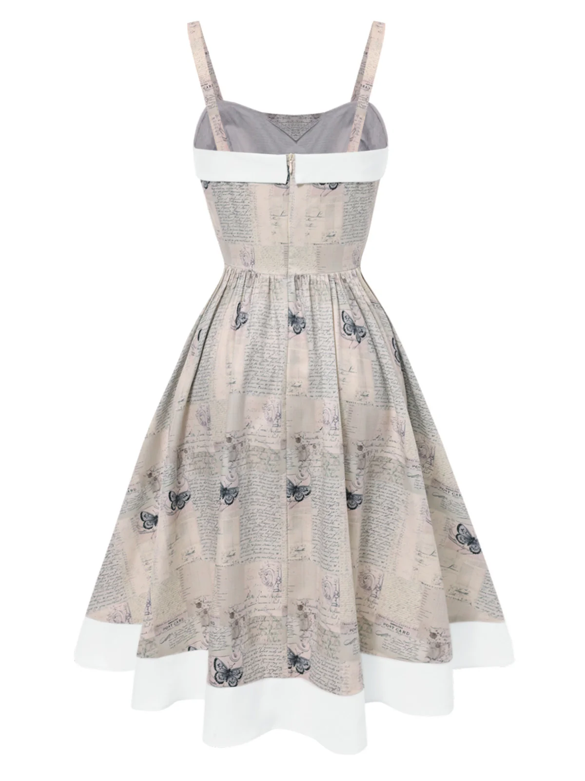 Khaki 1950s Newspaper Butterfly Patchwork Dress - Image 5