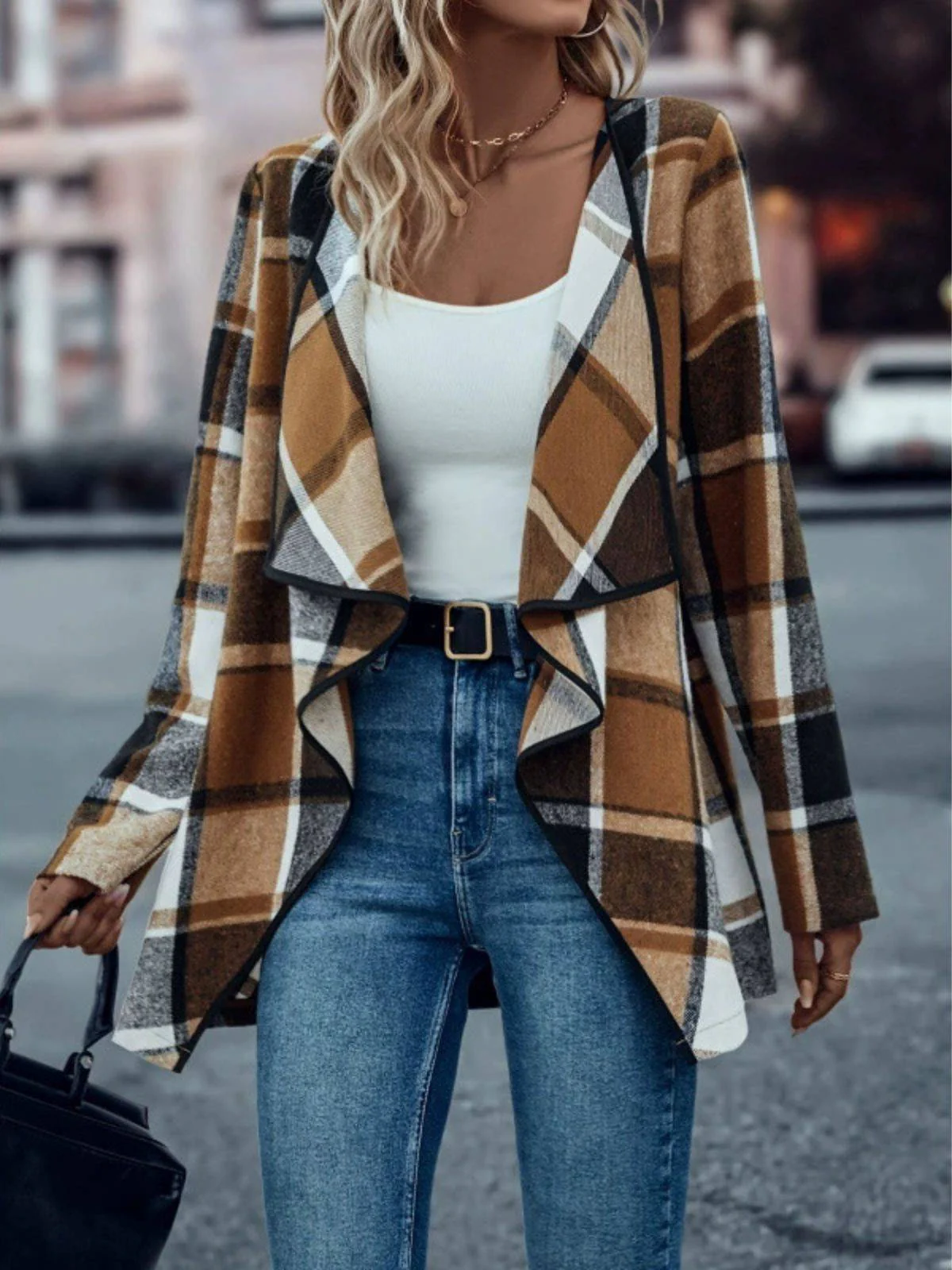 Khaki 1950s Plaid Long Sleeve Irregular Jacket - Image 3