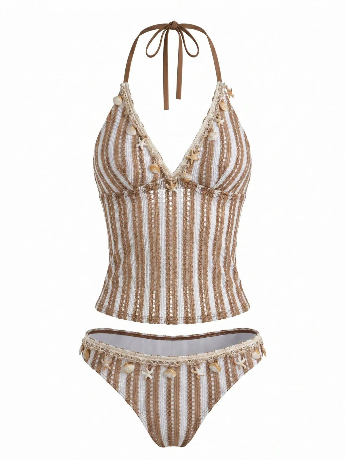 Khaki 1950s Striped Crochet 3D Seashell & Starfish Tankini Set - Image 2