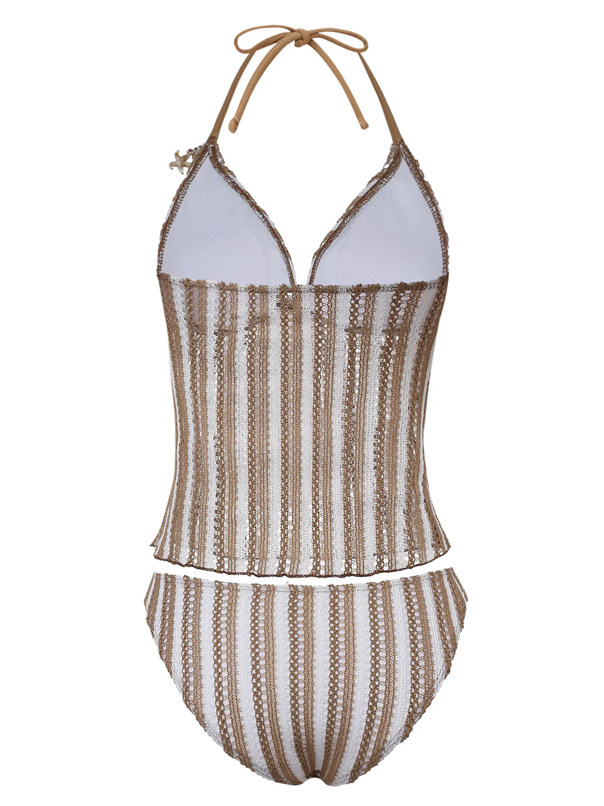 Khaki 1950s Striped Crochet 3D Seashell & Starfish Tankini Set - Image 3