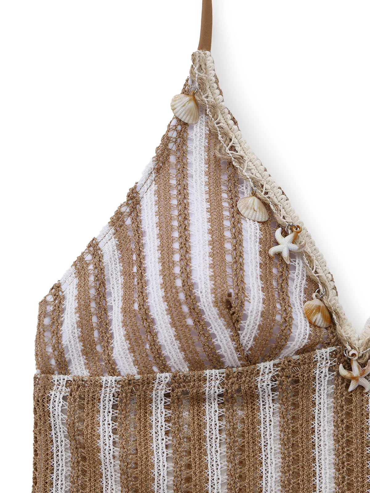 Khaki 1950s Striped Crochet 3D Seashell & Starfish Tankini Set - Image 5