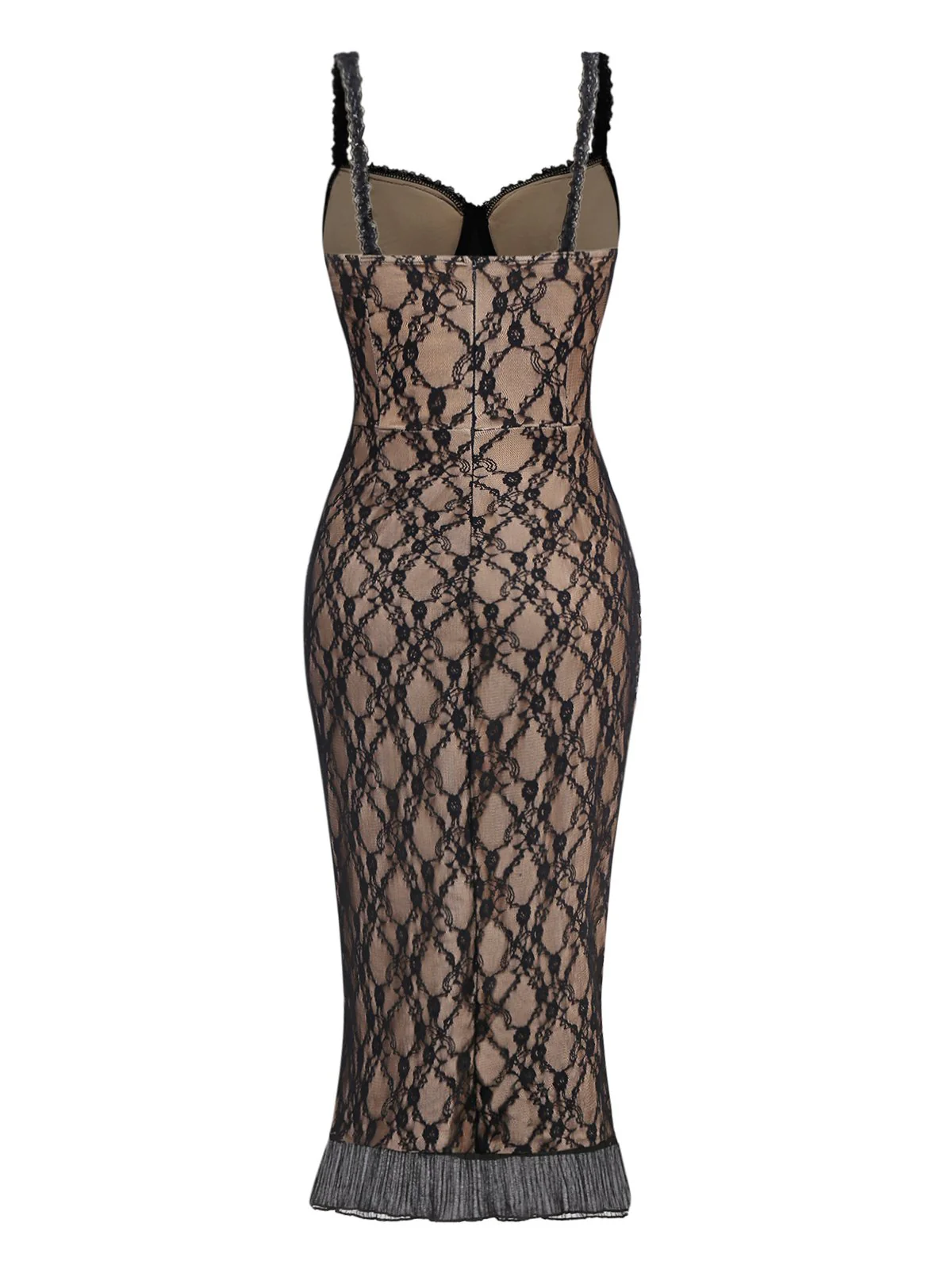 Khaki 1960s Lace Patchwork Spaghetti Strap Bodycon Dress - Image 2