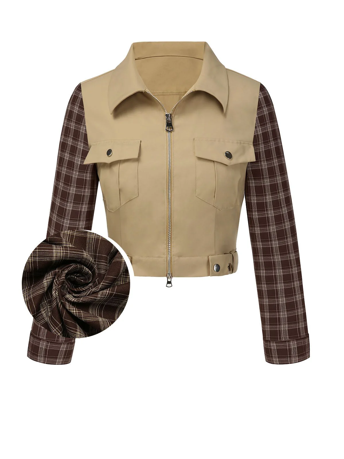 Khaki 1960s Lapel Tartan Plaids Zipper Jacket - Image 2