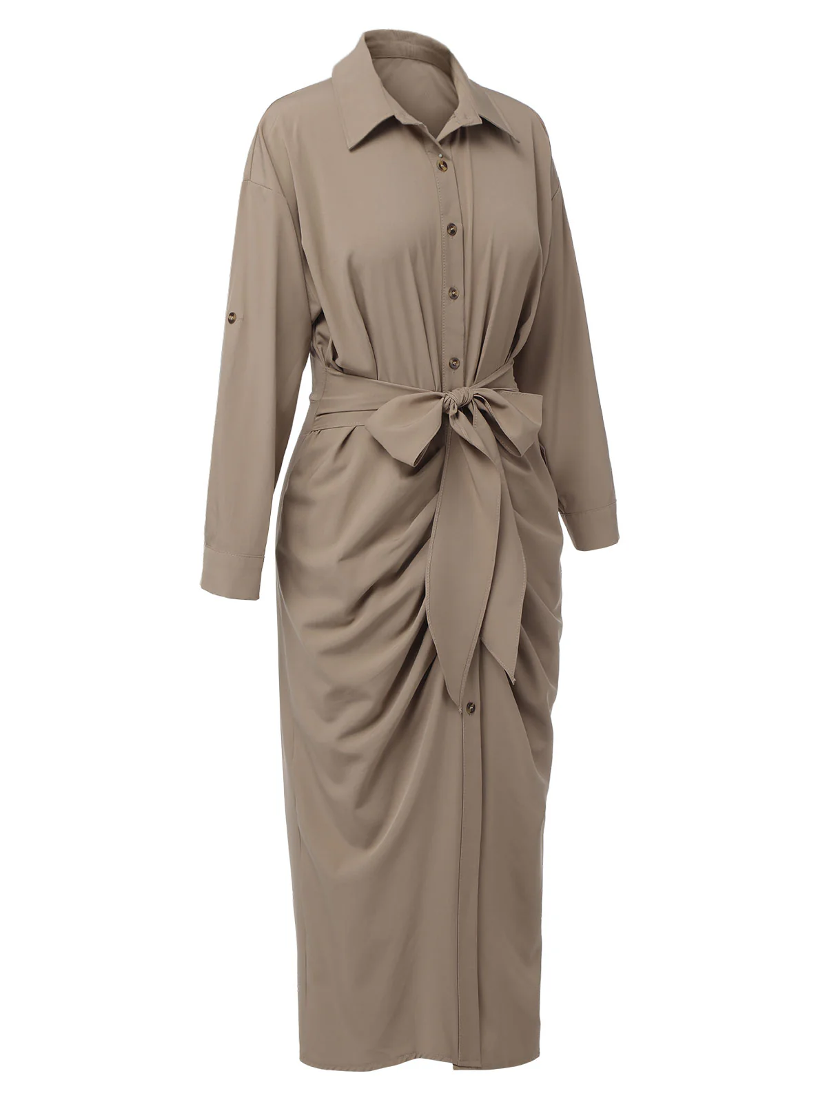 Khaki 1960s Solid Fold Pleated Lapel Dress - Image 4