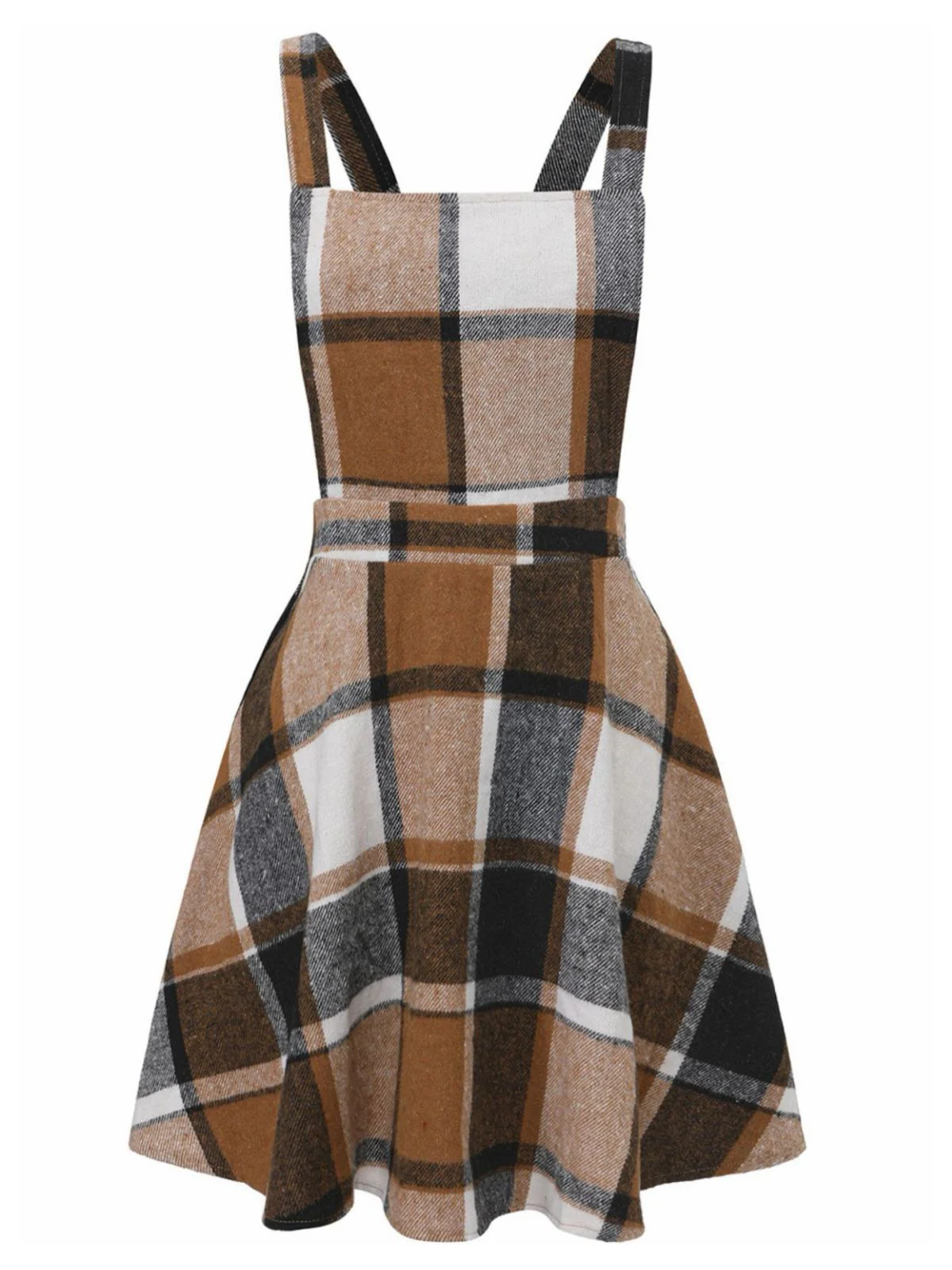 Khaki 1960s Square Neck Plaid Overall Dress - Image 2