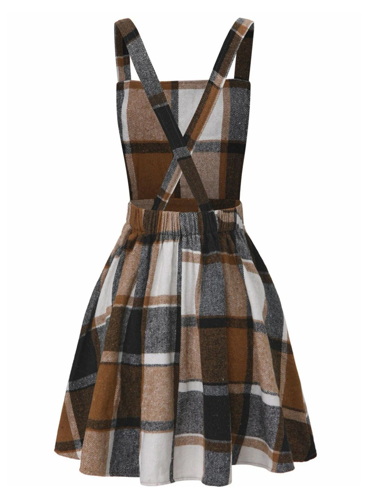 Khaki 1960s Square Neck Plaid Overall Dress - Image 3