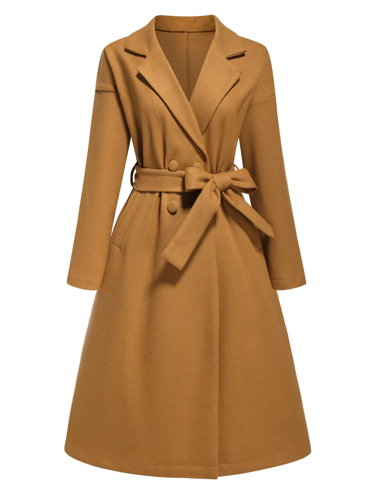 Khaki 1960s Turn-Up Collar Solid Belted Coat - Image 2