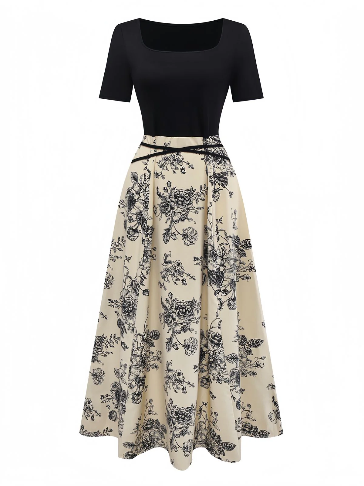 Khaki 1970s Knitted Square Neck Floral Dress - Image 2