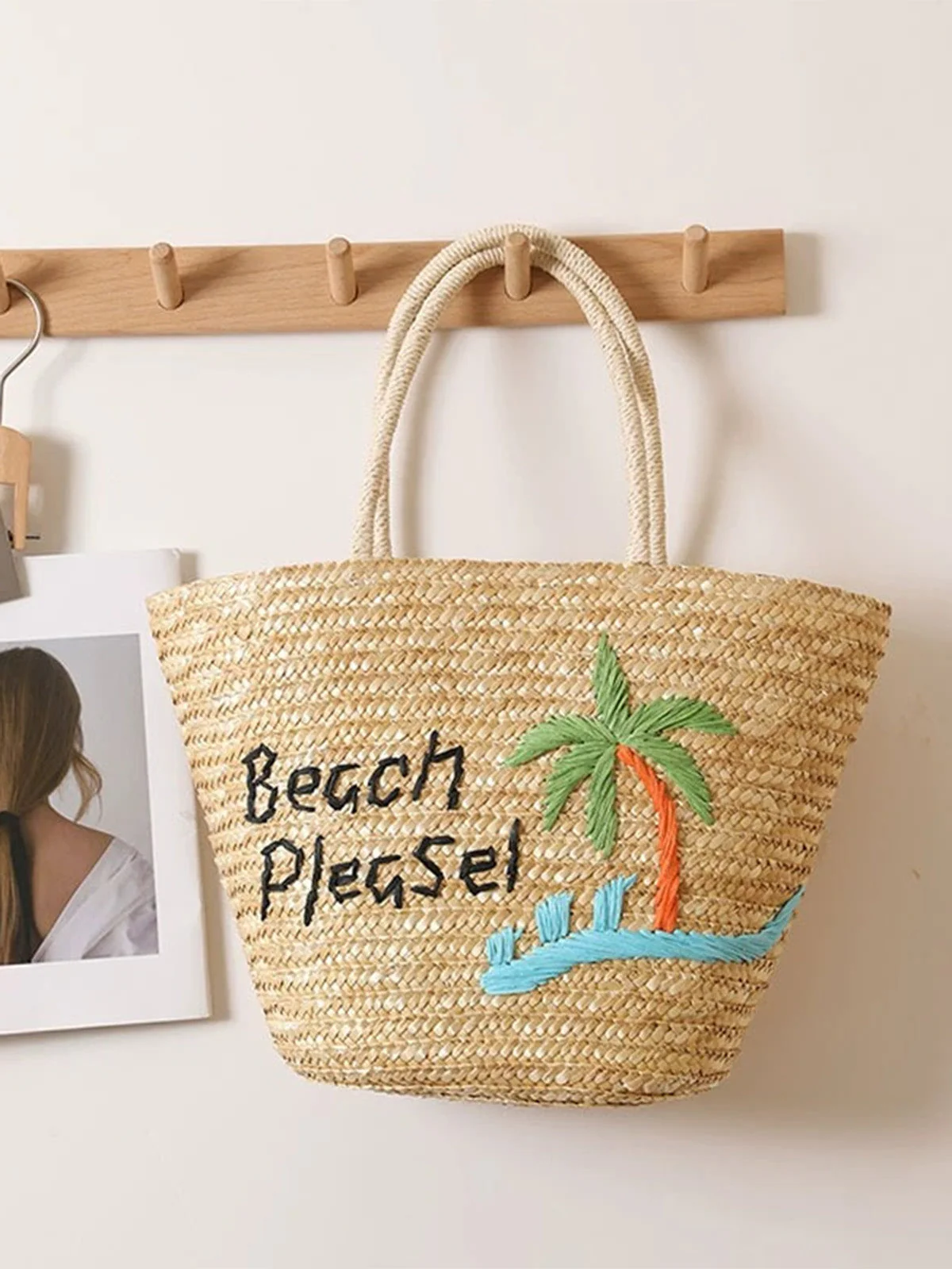 Khaki Coconut Palm Embroidered Straw Beach Tote Bag - Image 2