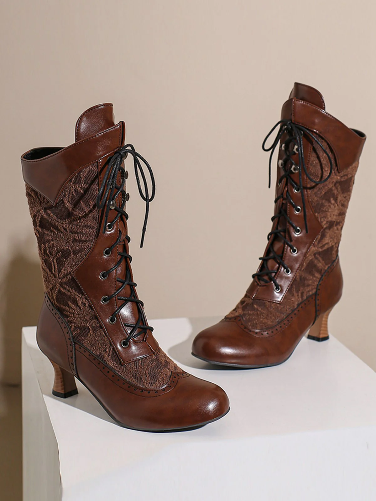 Lace Patchwork Lace-Up Calf-High Boots - Image 9