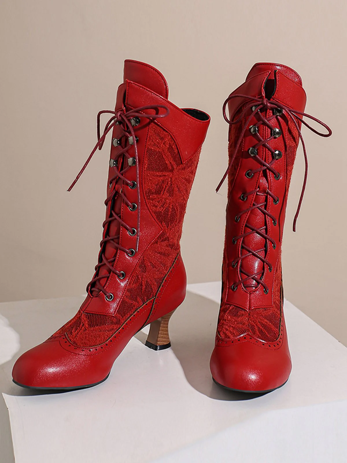 Lace Patchwork Lace-Up Calf-High Boots - Image 17