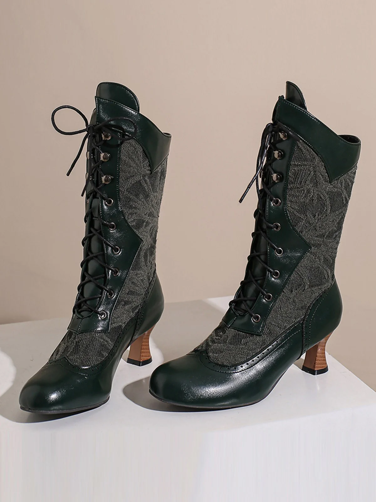 Lace Patchwork Lace-Up Calf-High Boots - Image 21