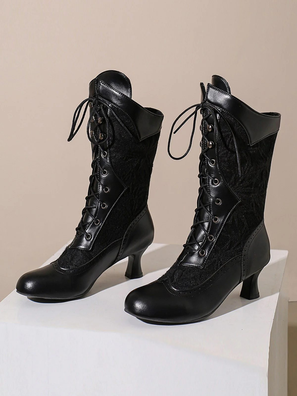Lace Patchwork Lace-Up Calf-High Boots - Image 4