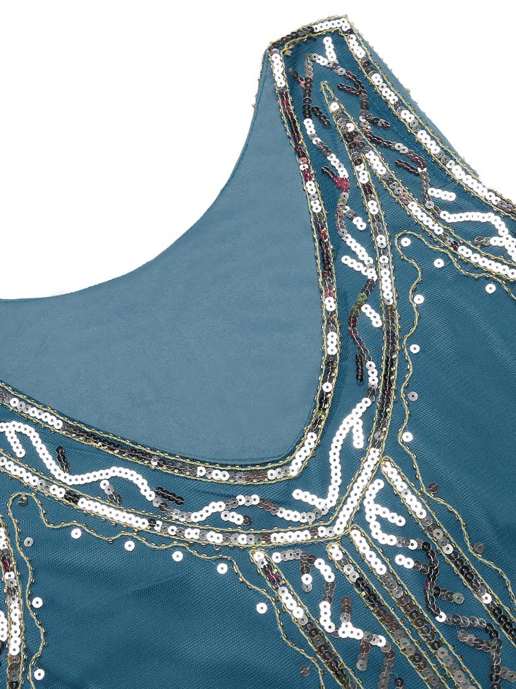 Lake Blue 1920s Beaded Fringed Dress - Image 4