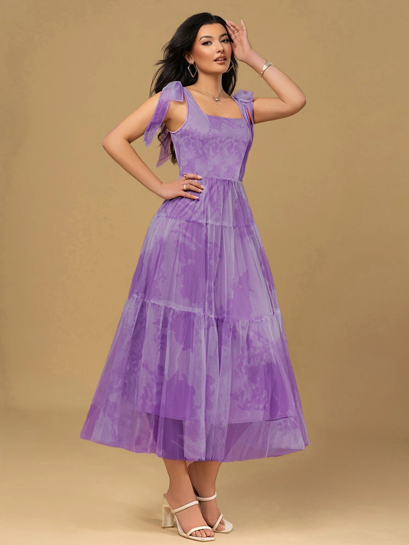 Lavender 1930s Floral Lace-Up Mesh Dress - Image 2