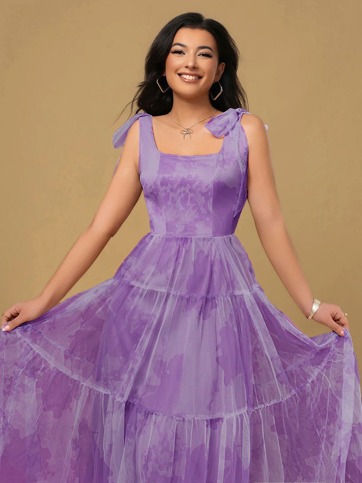 Lavender 1930s Floral Lace-Up Mesh Dress - Image 3
