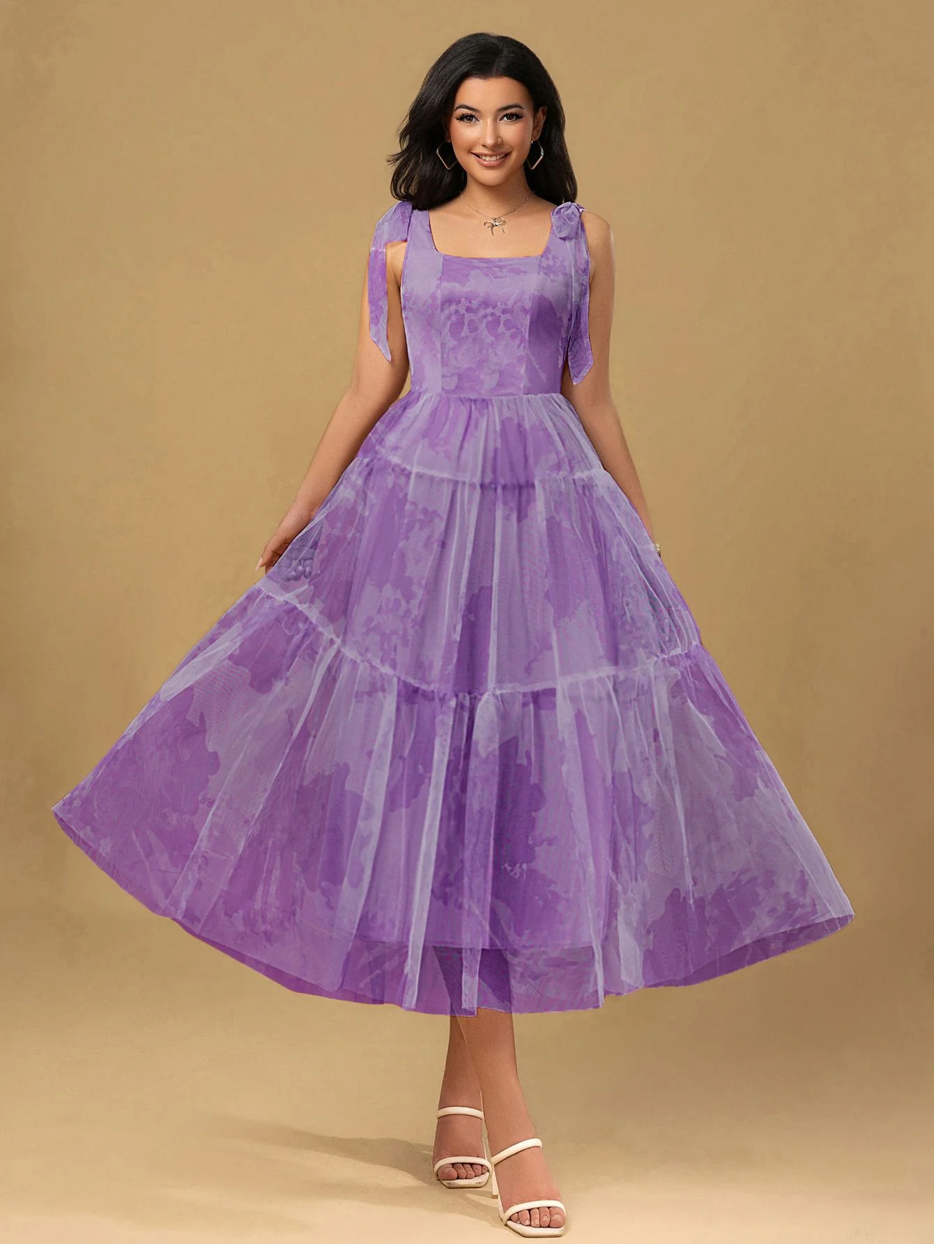 Lavender 1930s Floral Lace-Up Mesh Dress - Image 4