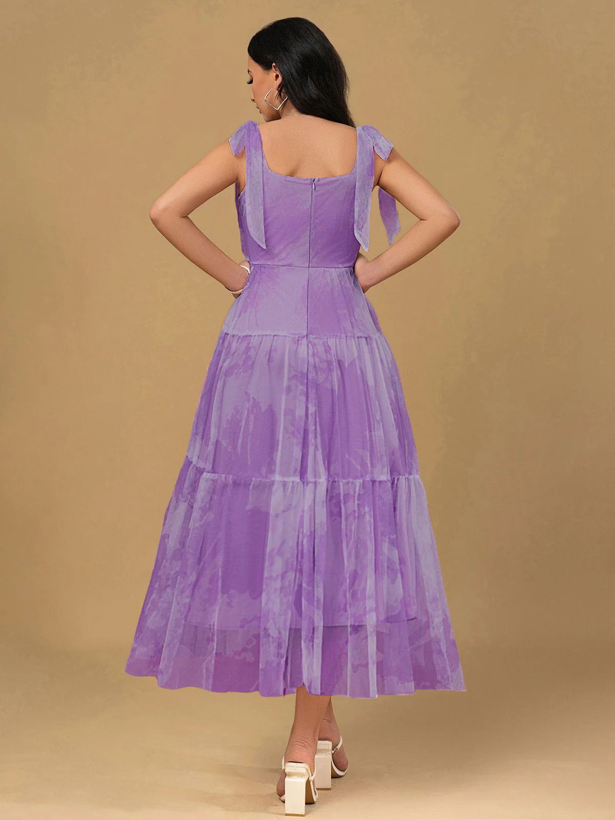 Lavender 1930s Floral Lace-Up Mesh Dress - Image 5