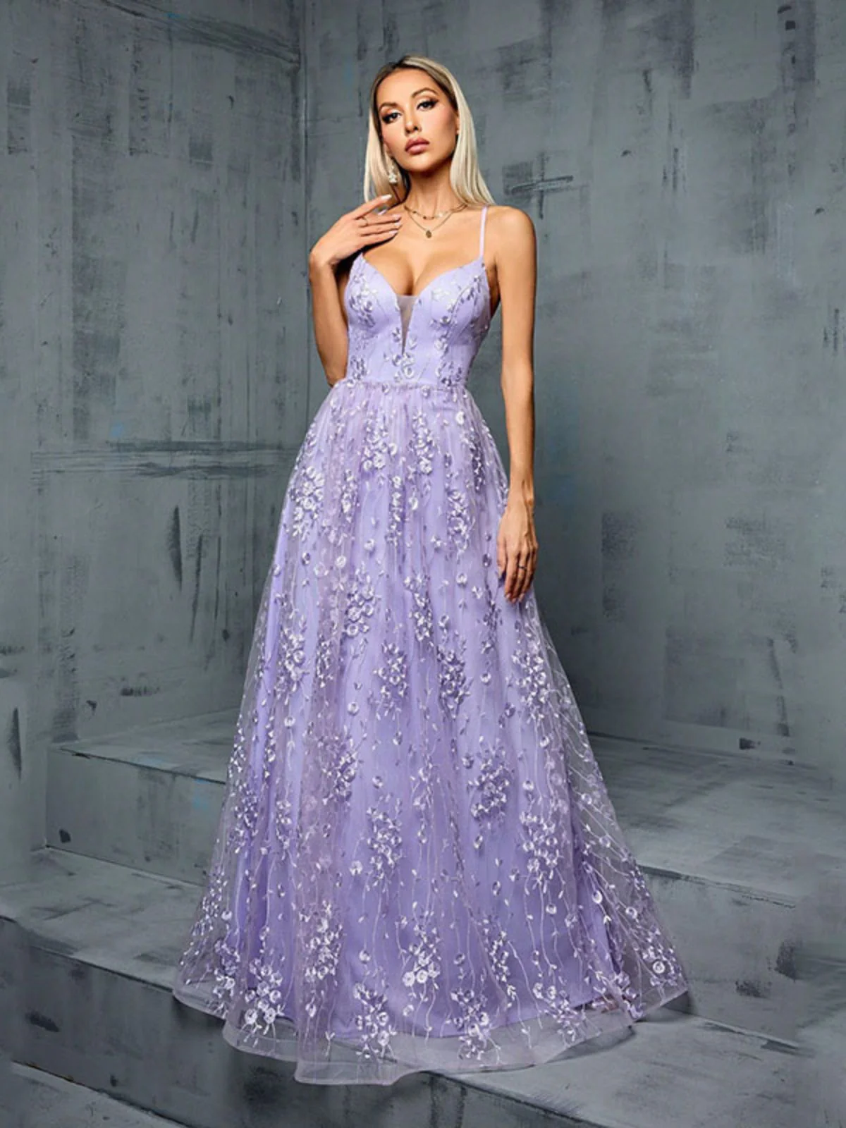 Lavender 1930s Sequin V-Neck Spaghetti Strap Dress - Image 4