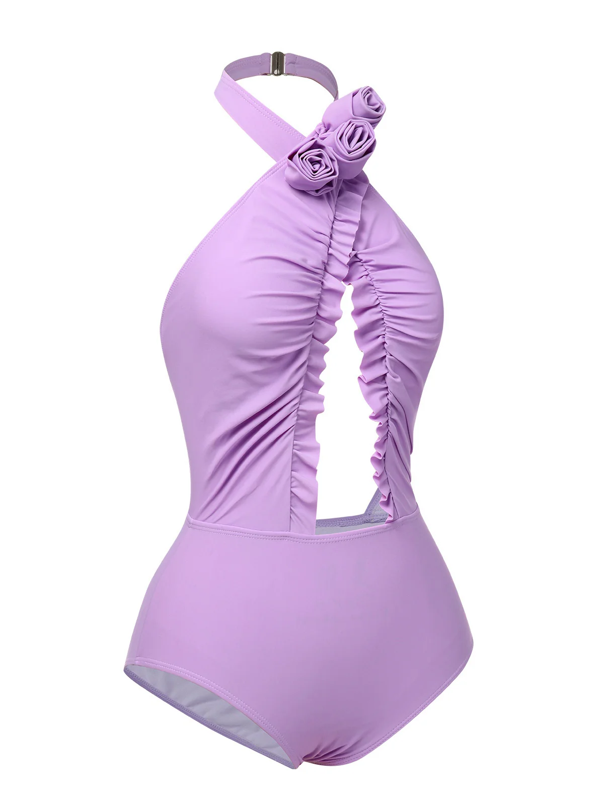 Lavender 1940s 3D Flowers Halter One-Piece Swimsuit - Image 2