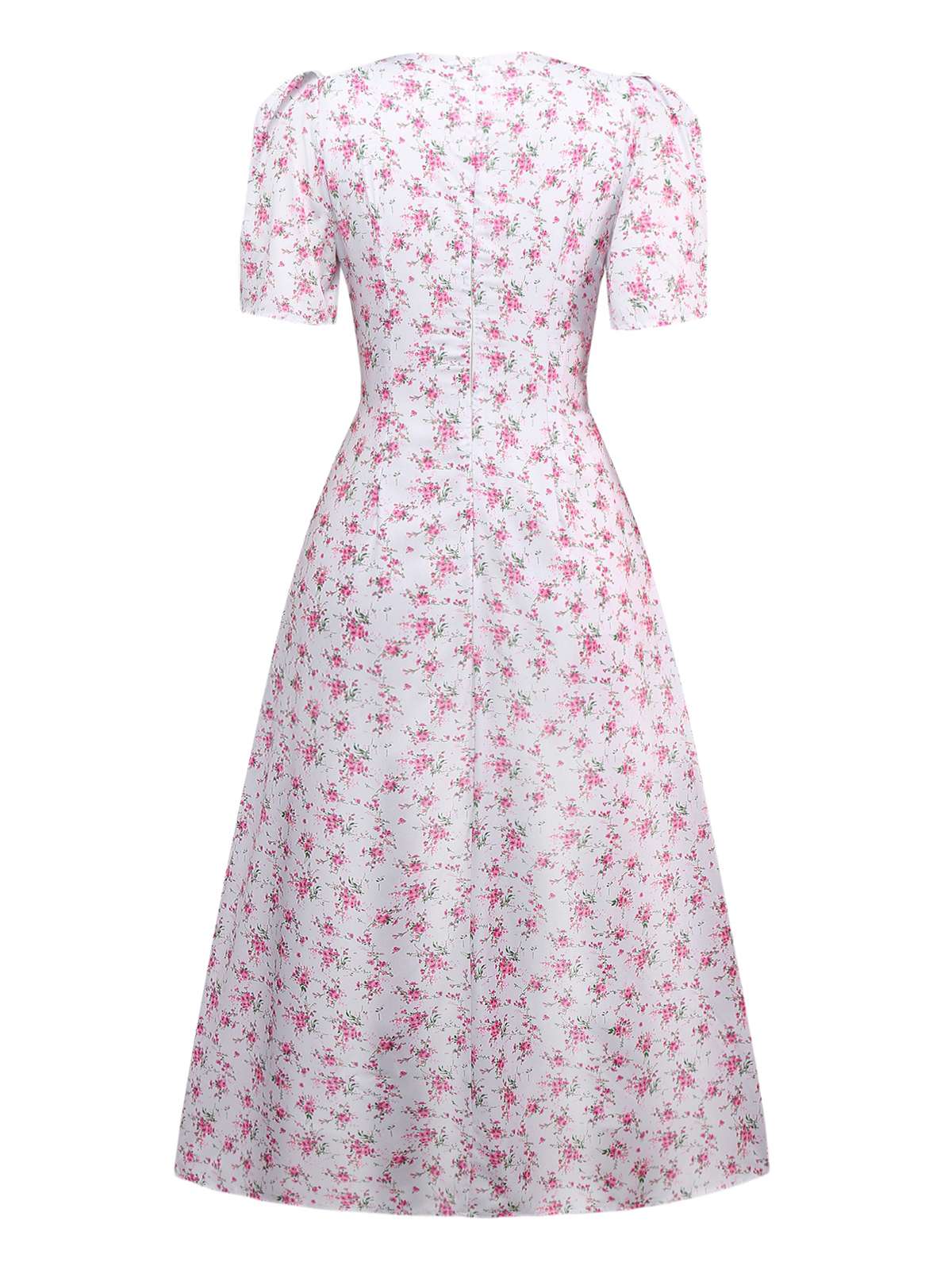 Lavender 1940s Ditsy Floral V-Neck Puff Sleeve Dress - Image 2