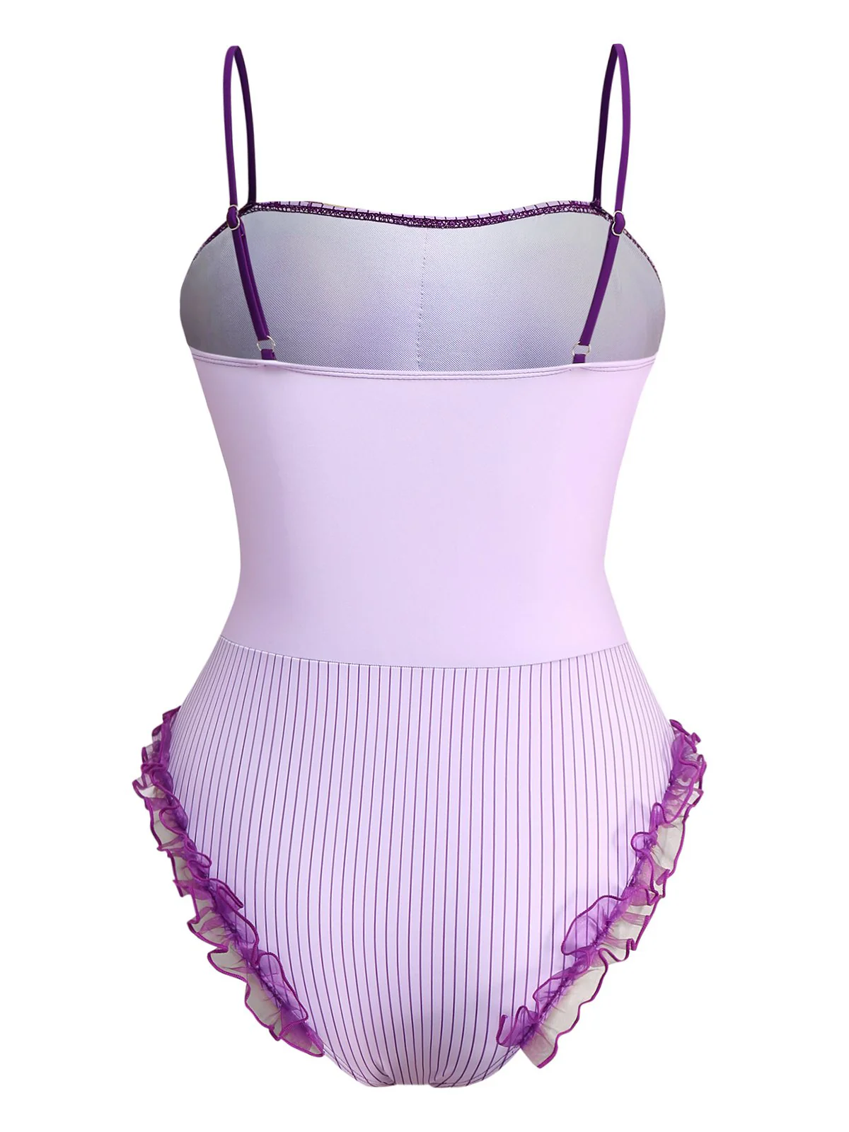 Lavender 1950s Stripe Mesh Ruffle One-Piece Swimsuit - Image 2