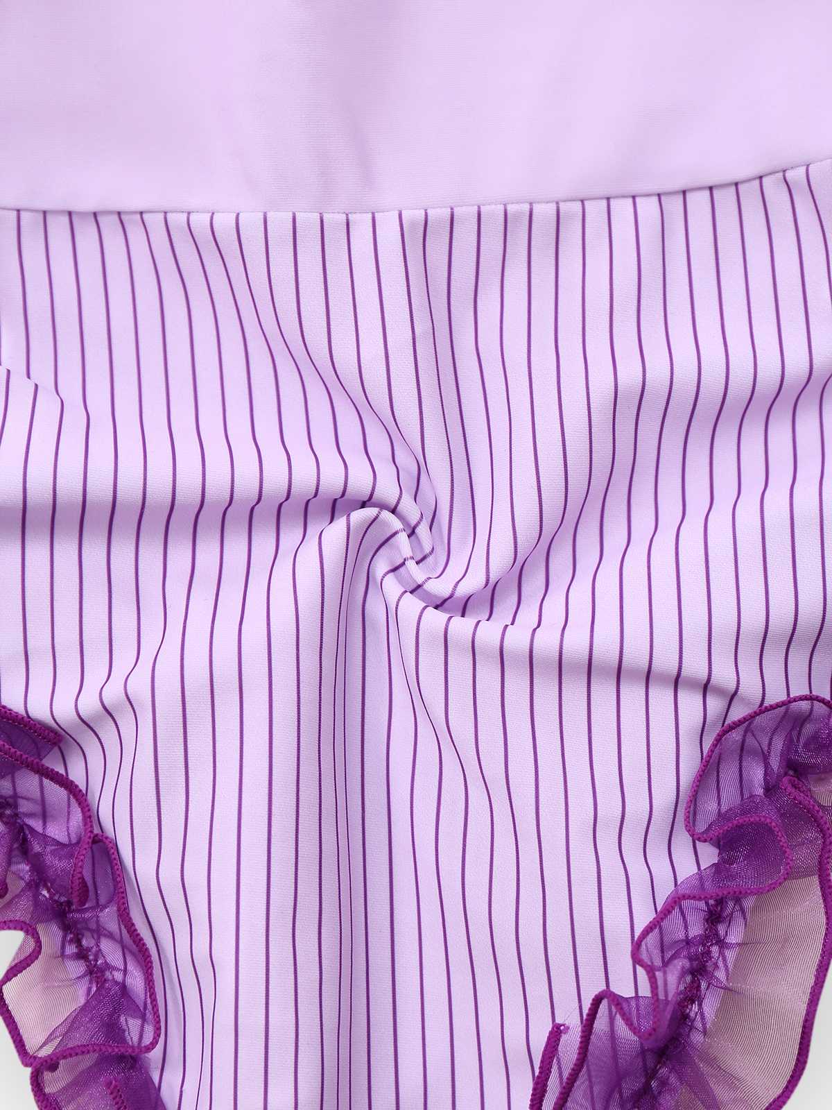 Lavender 1950s Stripe Mesh Ruffle One-Piece Swimsuit - Image 4