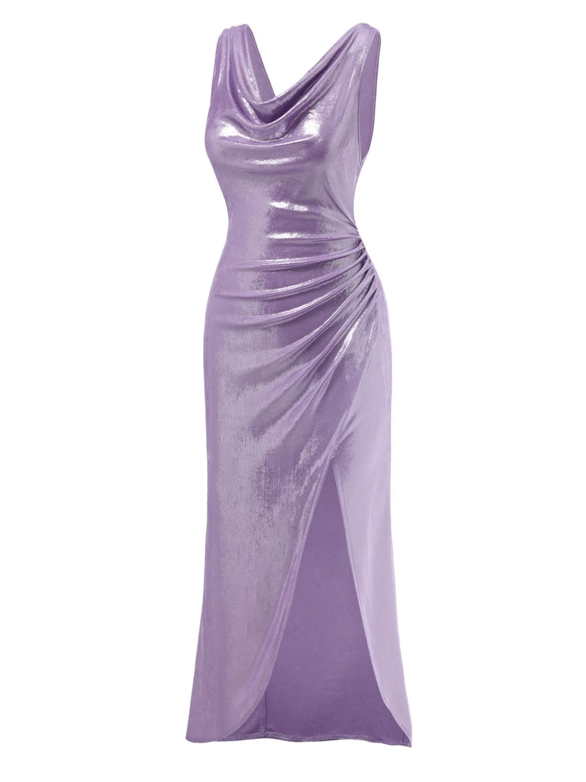 Lavender 1960s Cowl Neck High-Slit Pearlescent Dress - Image 3