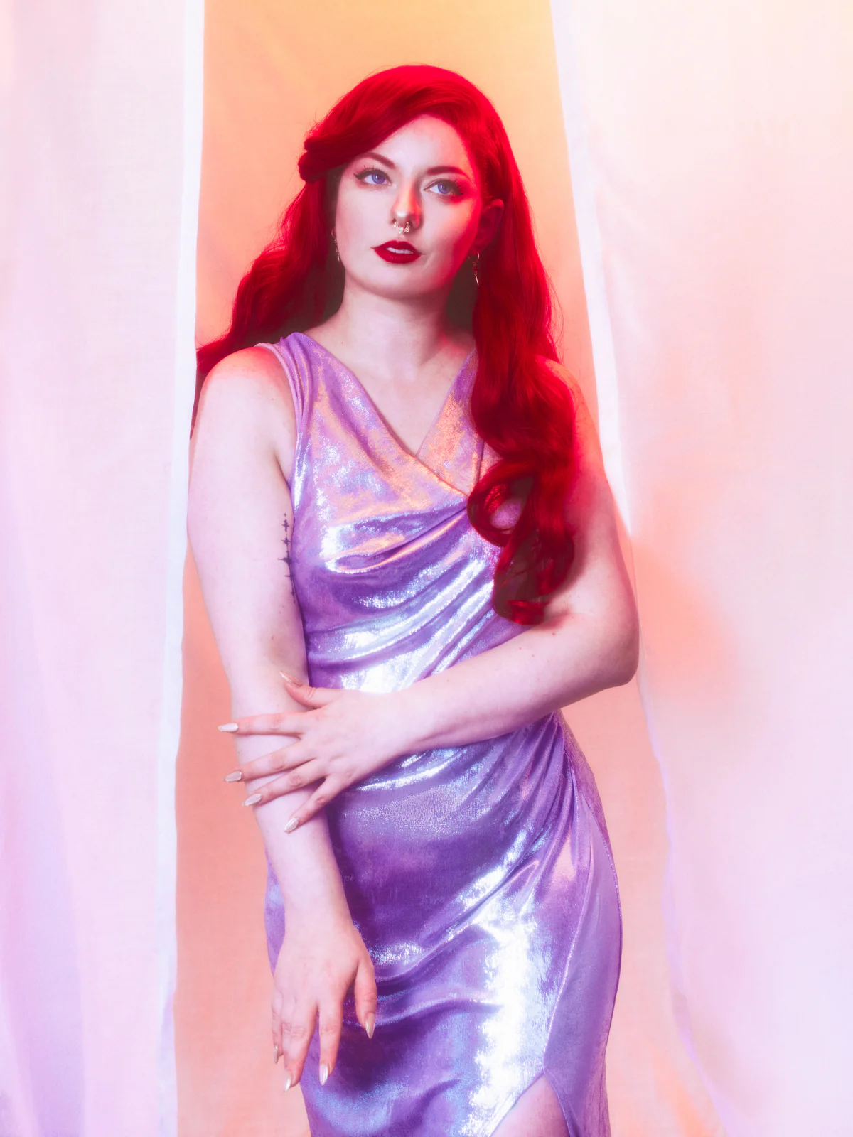 Lavender 1960s Cowl Neck High-Slit Pearlescent Dress - Image 2