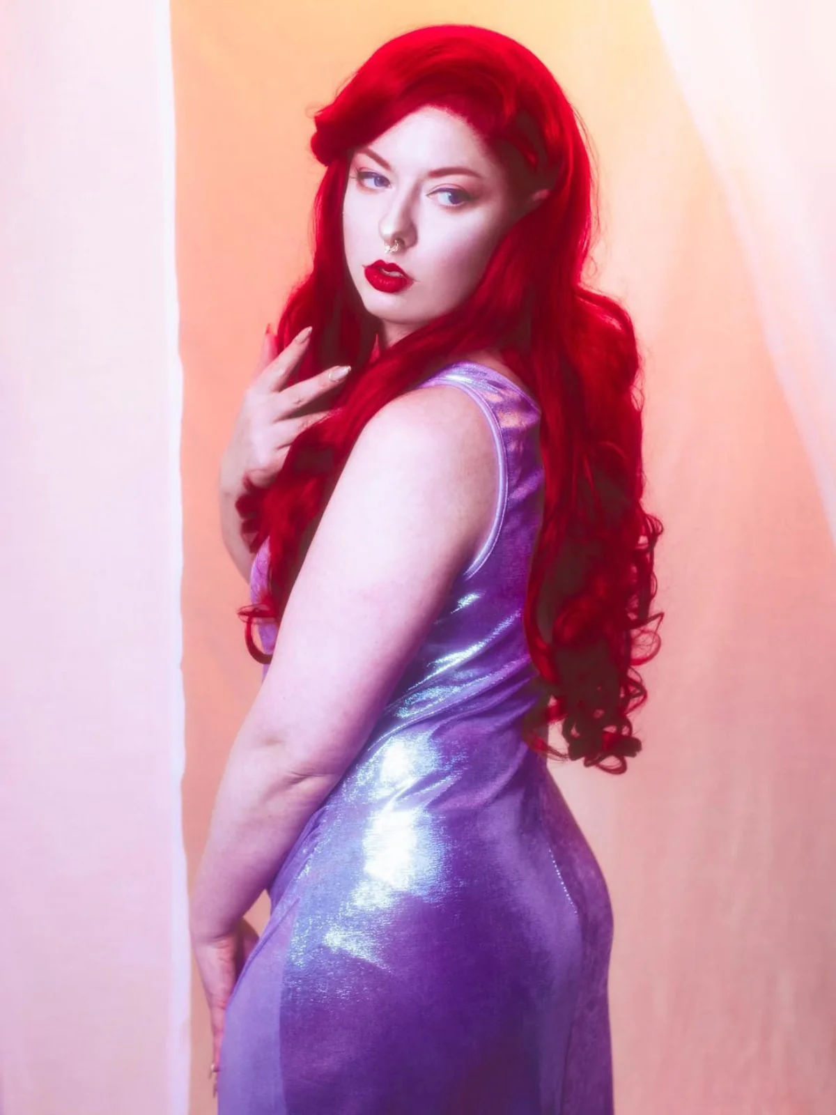 Lavender 1960s Cowl Neck High-Slit Pearlescent Dress - Image 3