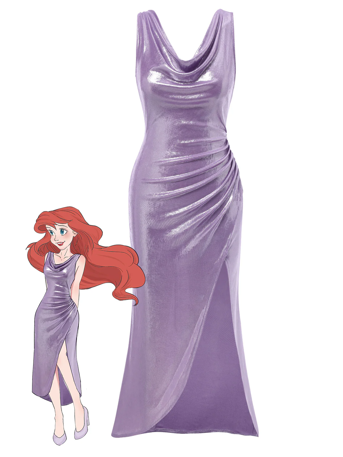 Lavender 1960s Cowl Neck High-Slit Pearlescent Dress - Image 4