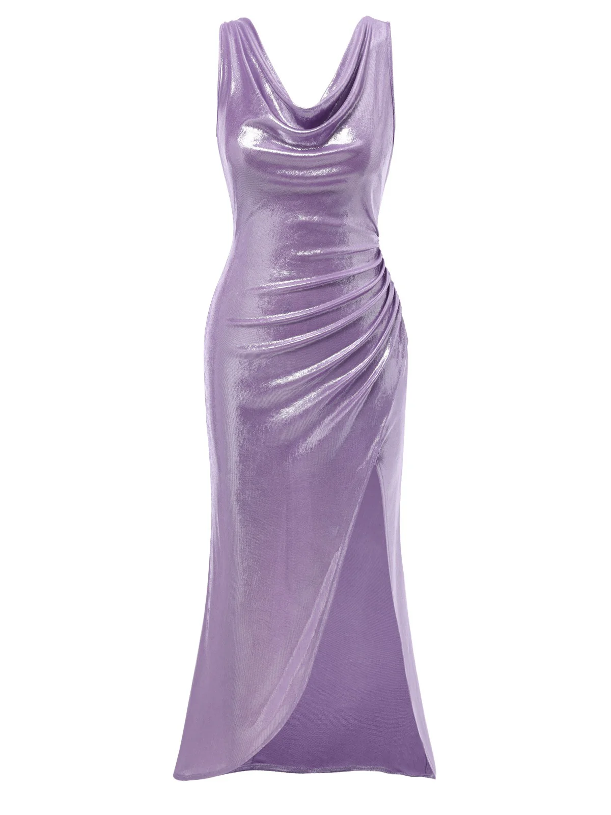 Lavender 1960s Cowl Neck High-Slit Pearlescent Dress - Image 2