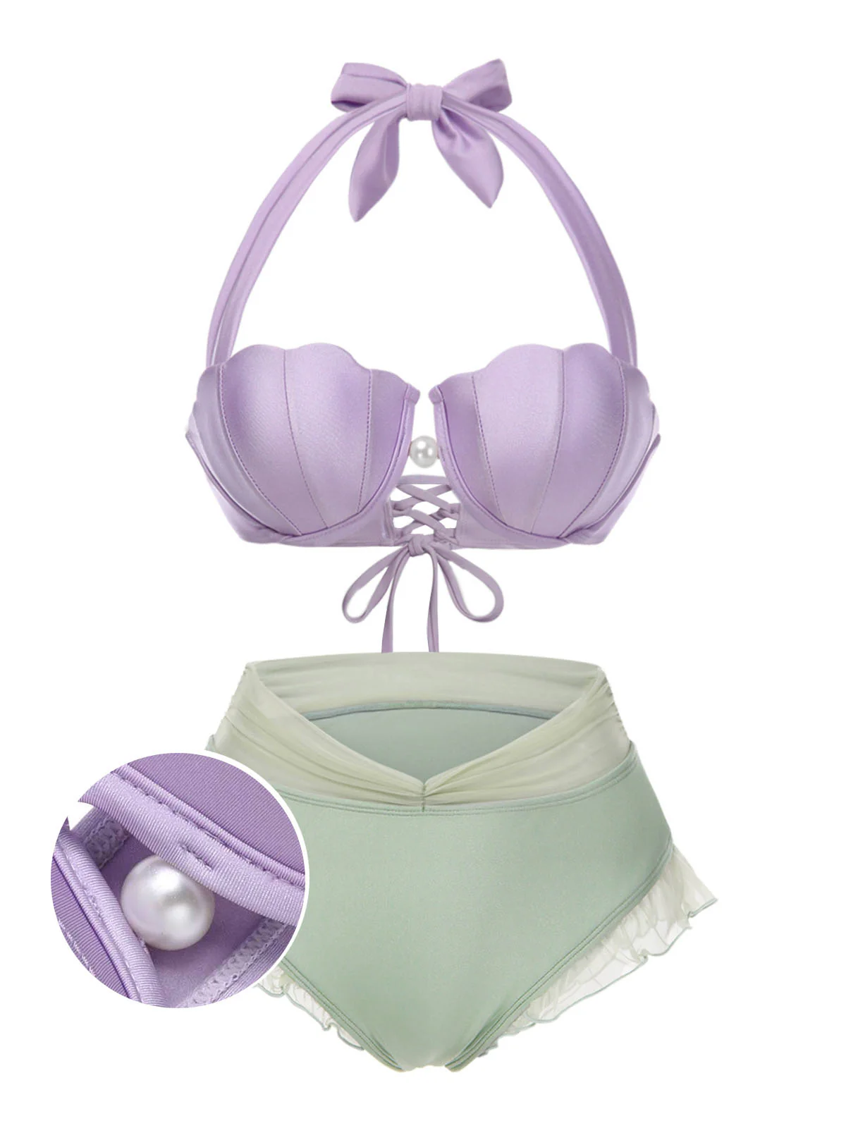 Lavender 1970s Mermaid Shell Halter Bikini Set - Image 3