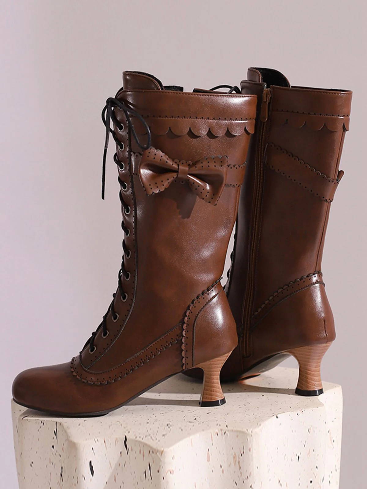 Leather Bow Lace-Up Calf High Boots - Image 10