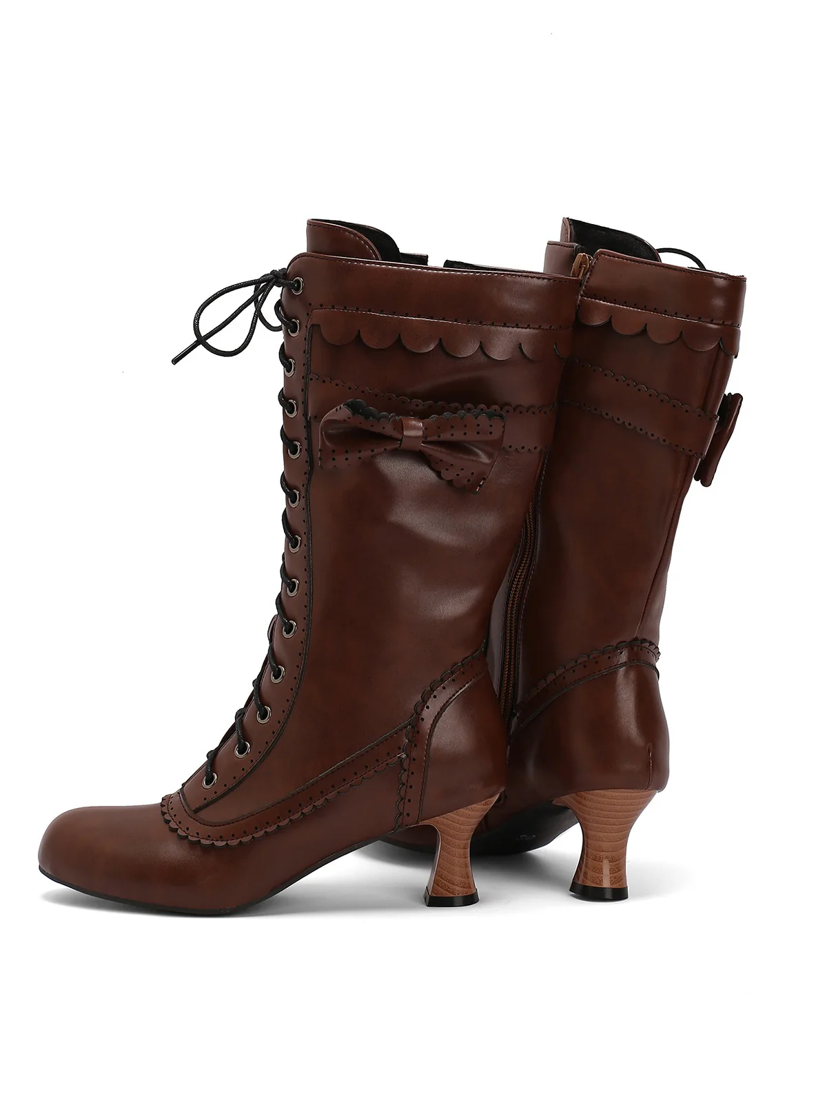 Leather Bow Lace-Up Calf High Boots - Image 11