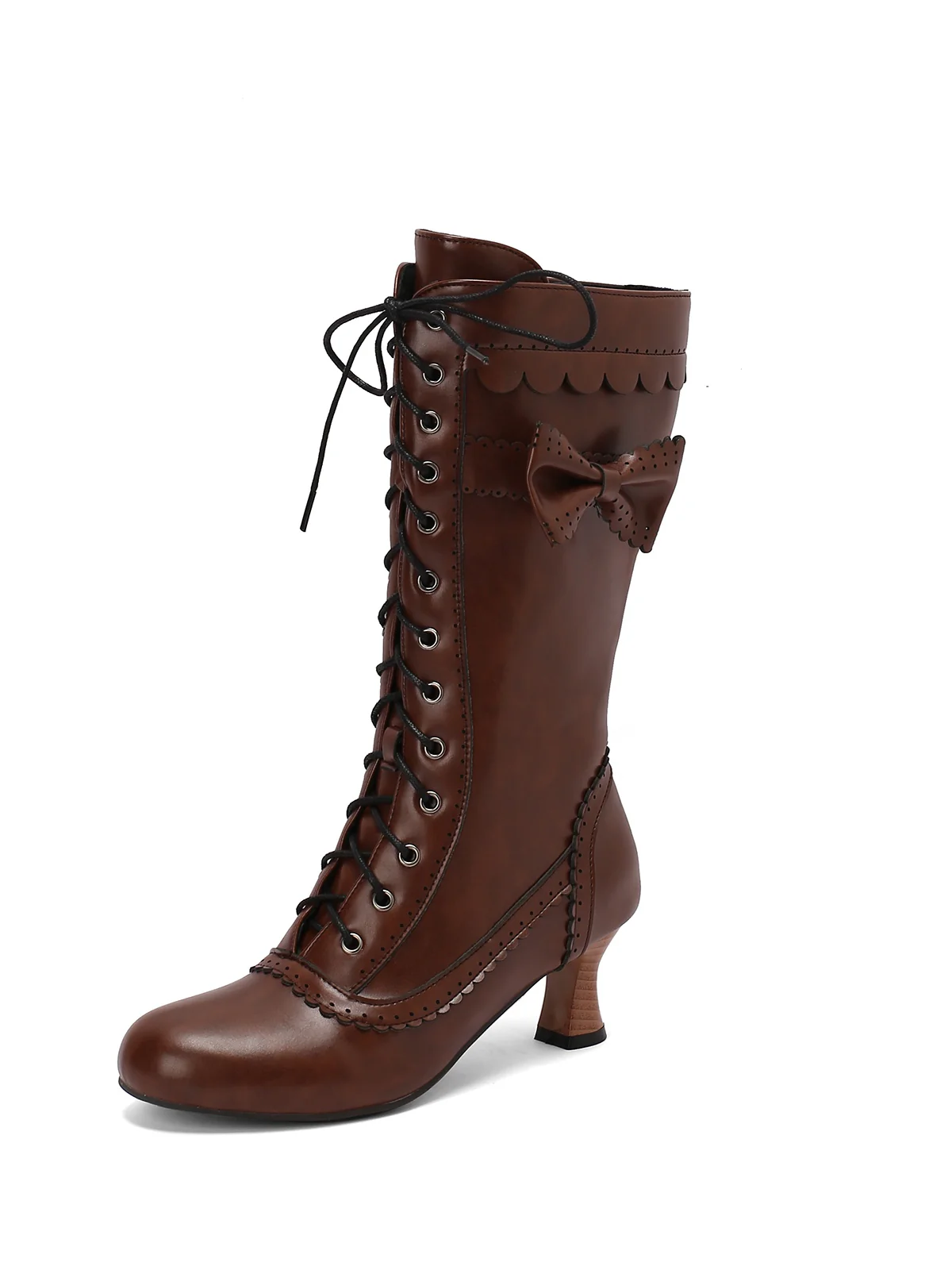 Leather Bow Lace-Up Calf High Boots - Image 12
