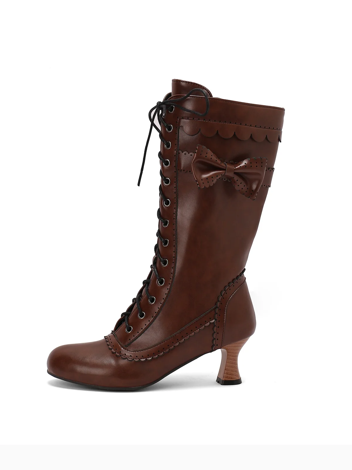 Leather Bow Lace-Up Calf High Boots - Image 13