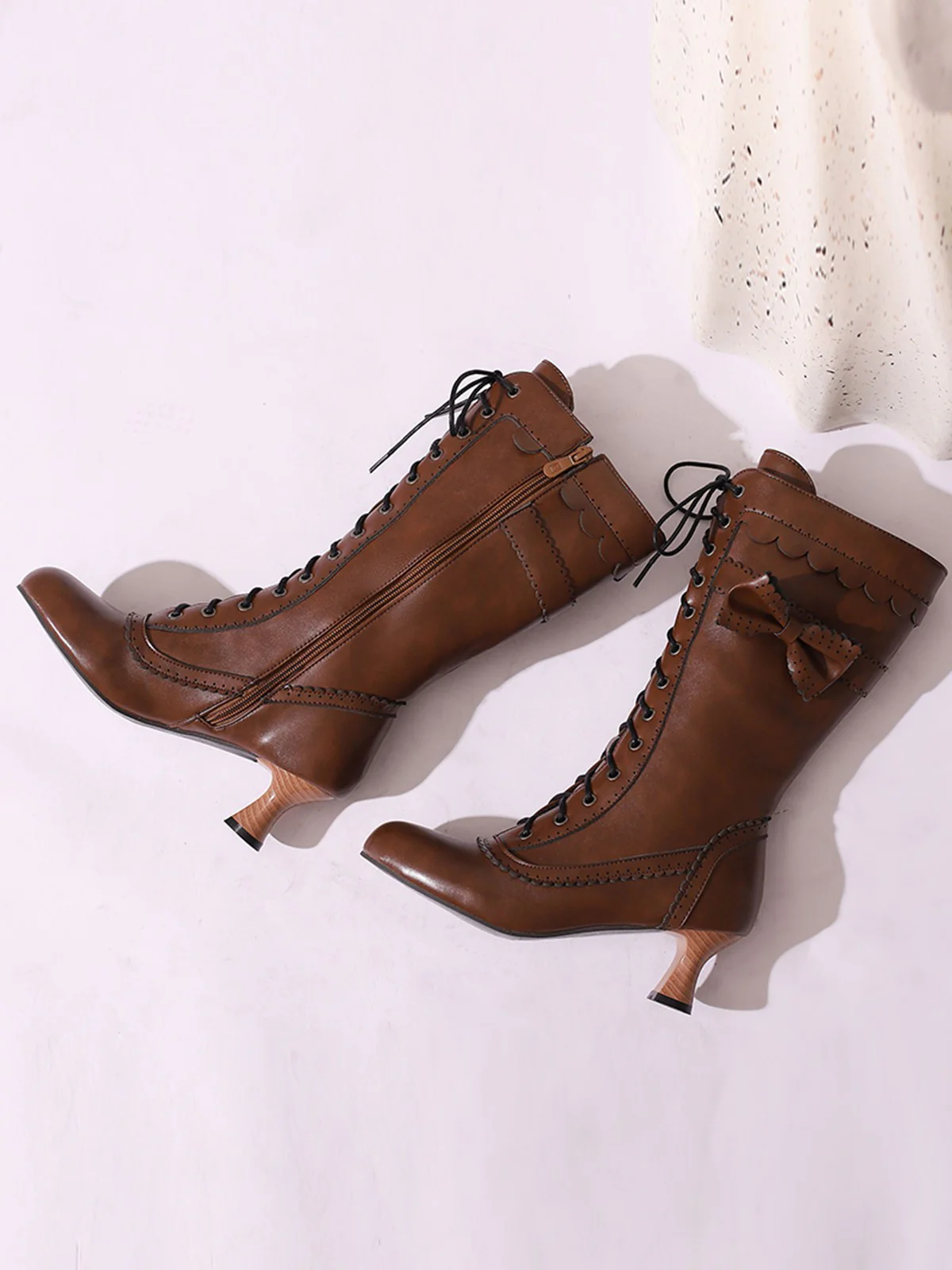 Leather Bow Lace-Up Calf High Boots - Image 14