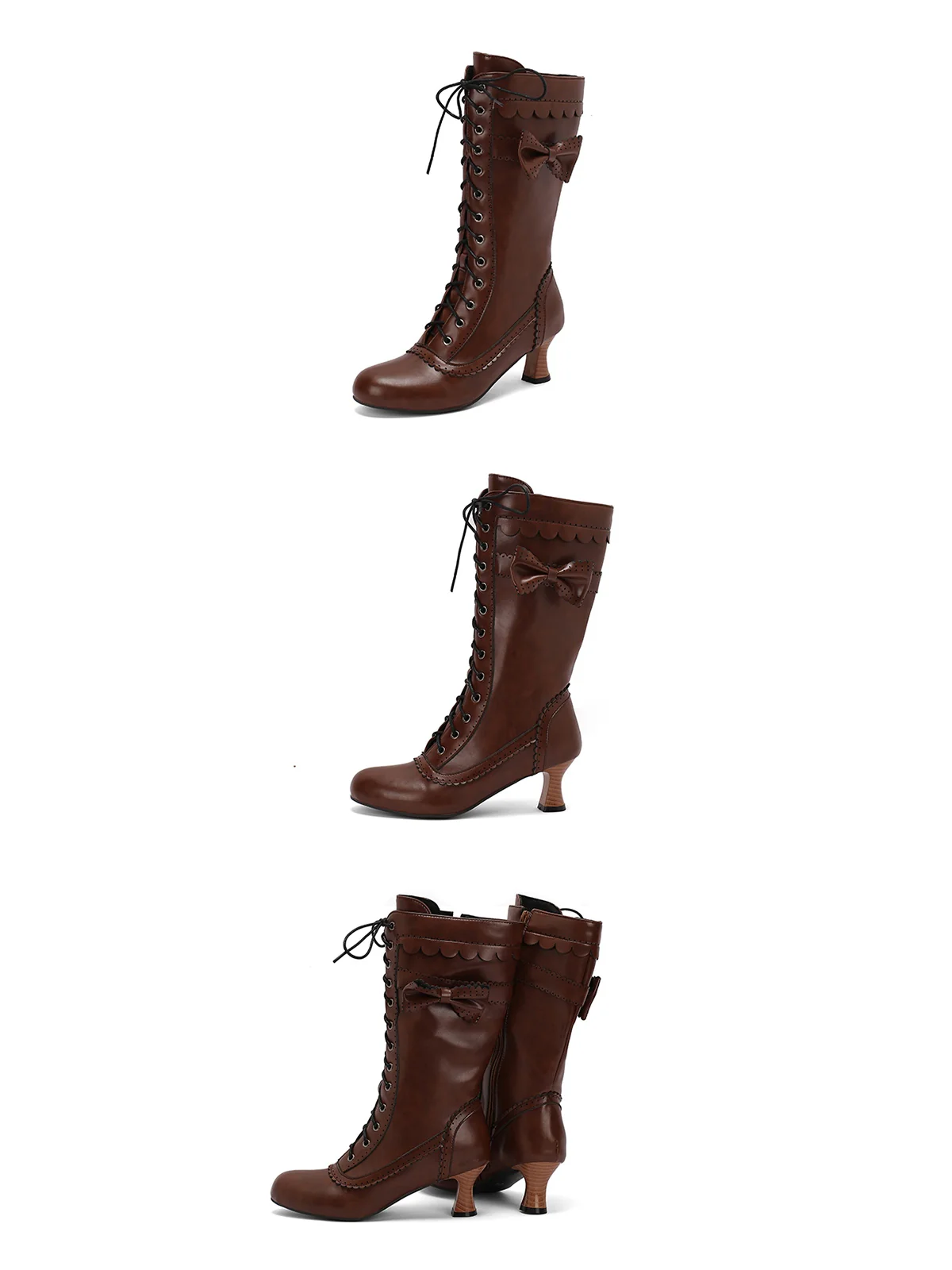 Leather Bow Lace-Up Calf High Boots - Image 15