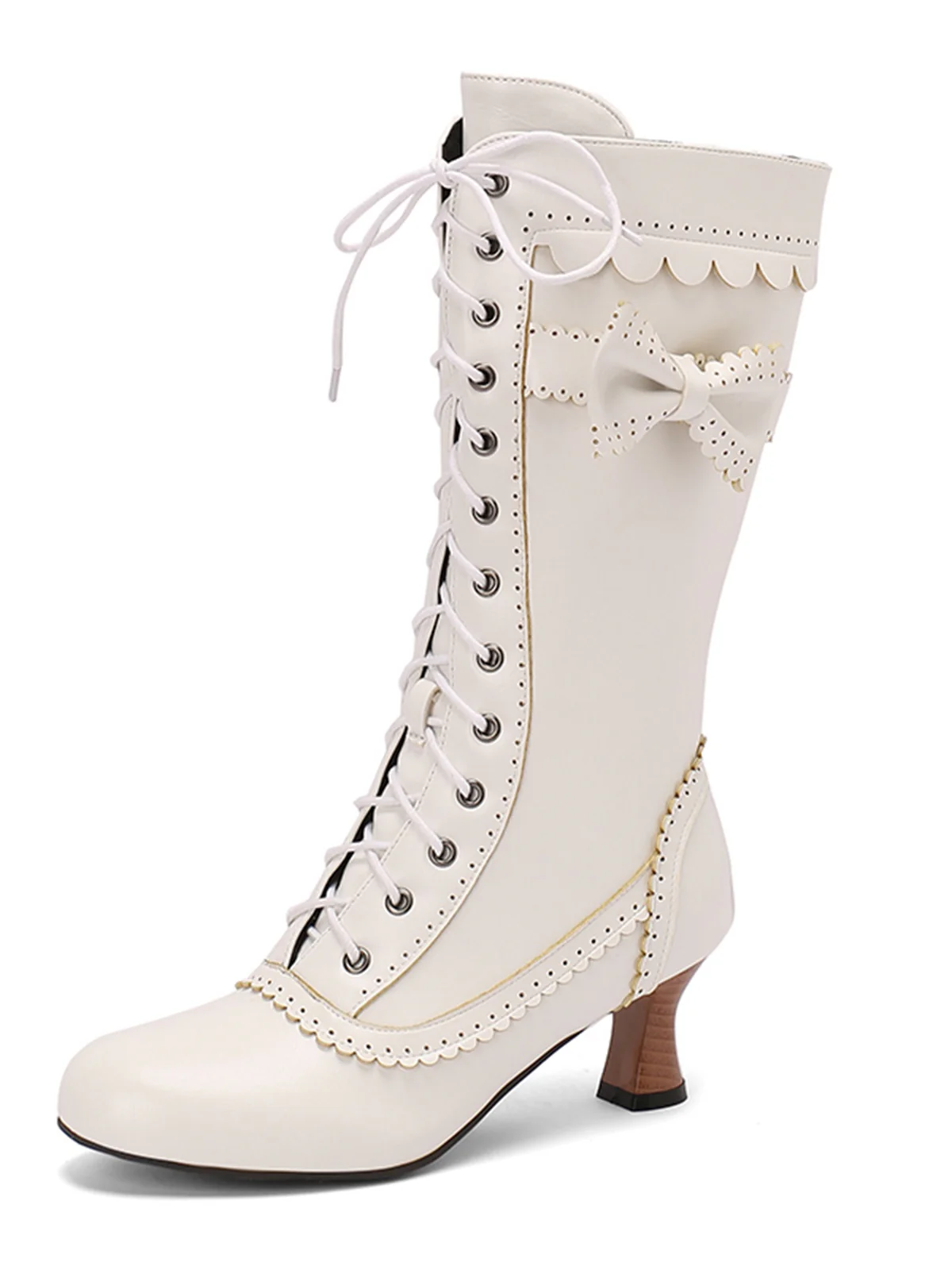 Leather Bow Lace-Up Calf High Boots - Image 16