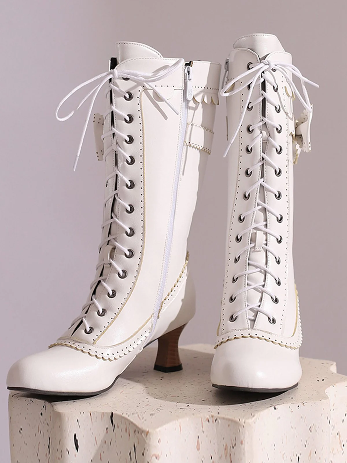Leather Bow Lace-Up Calf High Boots - Image 17