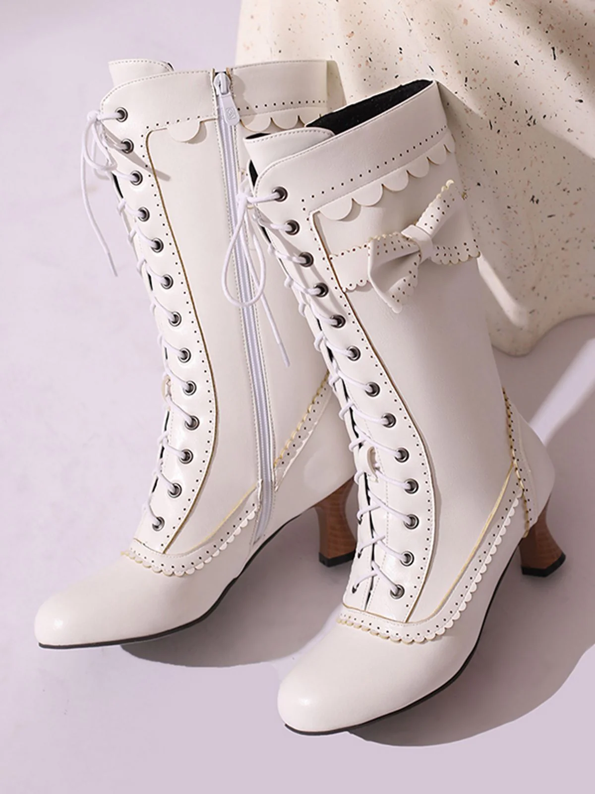 Leather Bow Lace-Up Calf High Boots - Image 18