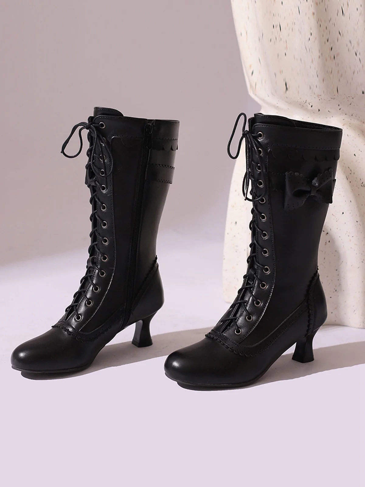 Leather Bow Lace-Up Calf High Boots - Image 2