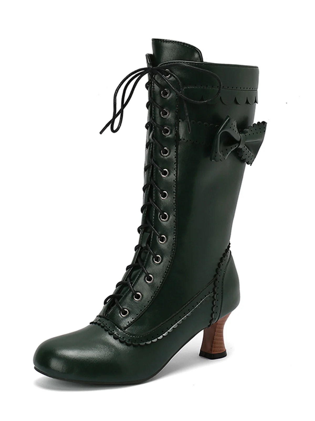 Leather Bow Lace-Up Calf High Boots - Image 23