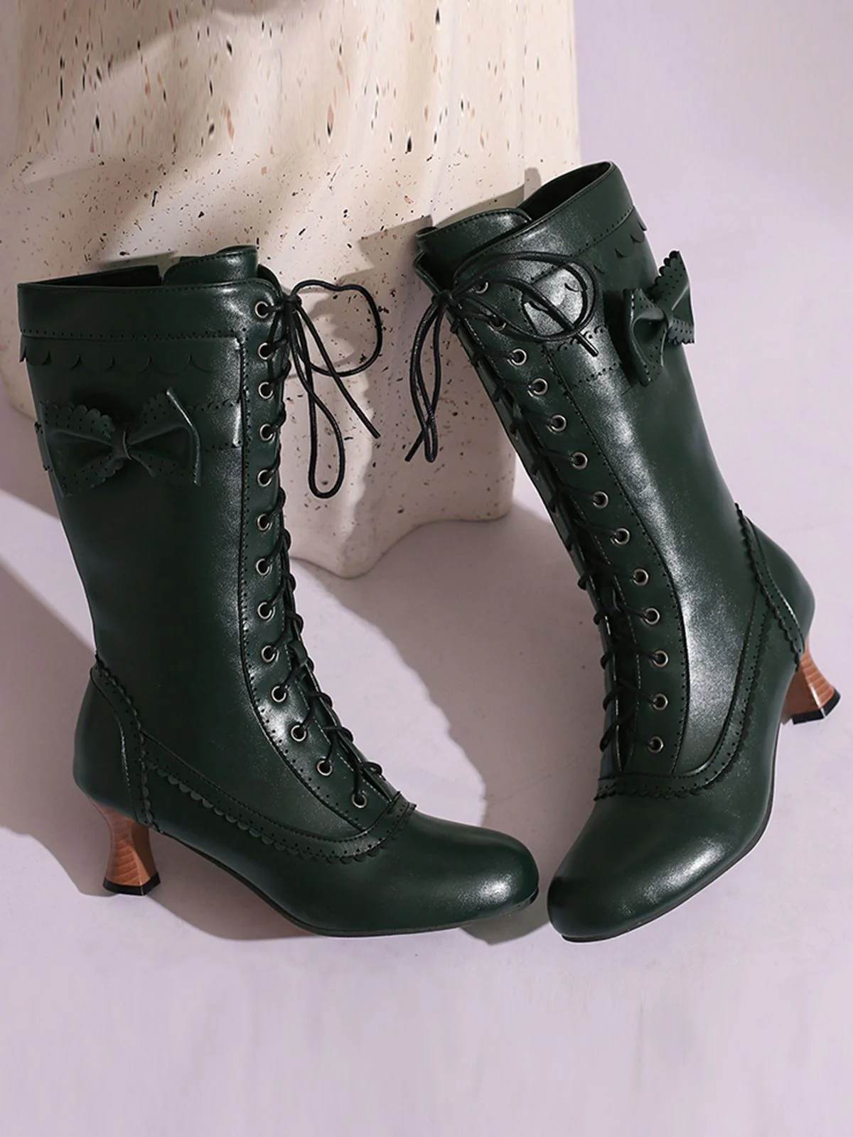 Leather Bow Lace-Up Calf High Boots - Image 24