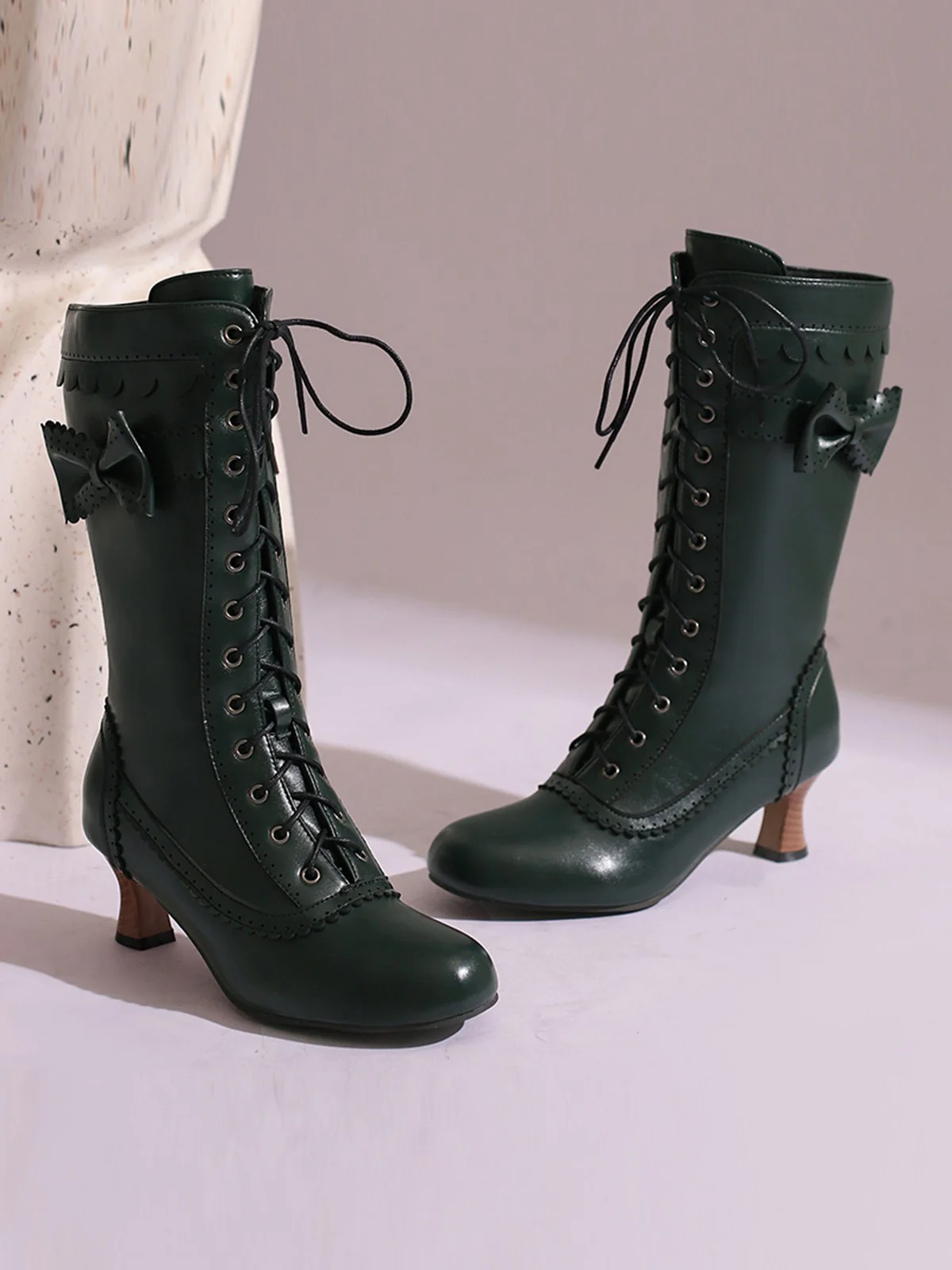 Leather Bow Lace-Up Calf High Boots - Image 25