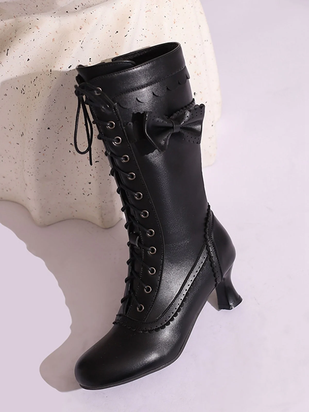 Leather Bow Lace-Up Calf High Boots - Image 3