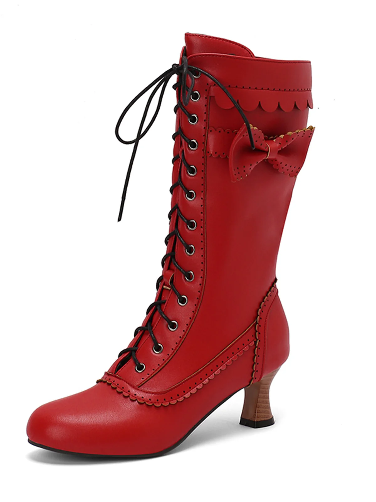 Leather Bow Lace-Up Calf High Boots - Image 30