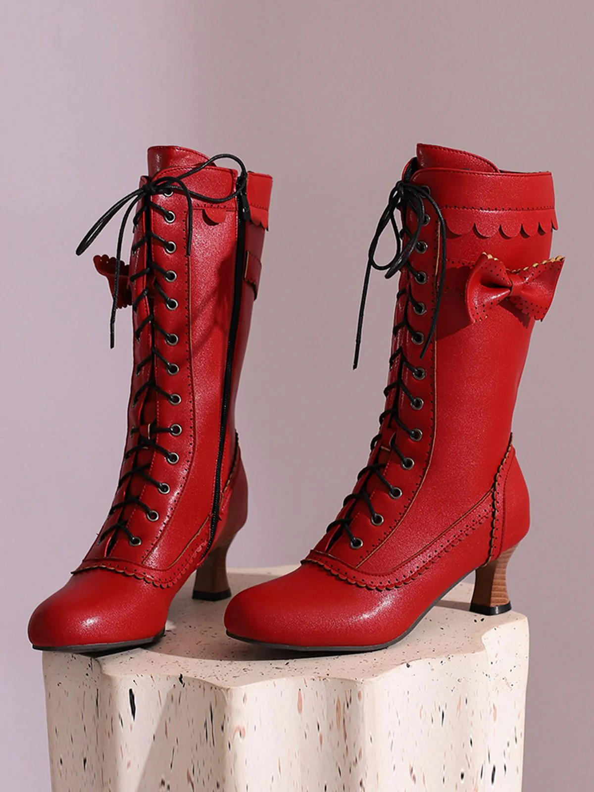 Leather Bow Lace-Up Calf High Boots - Image 31